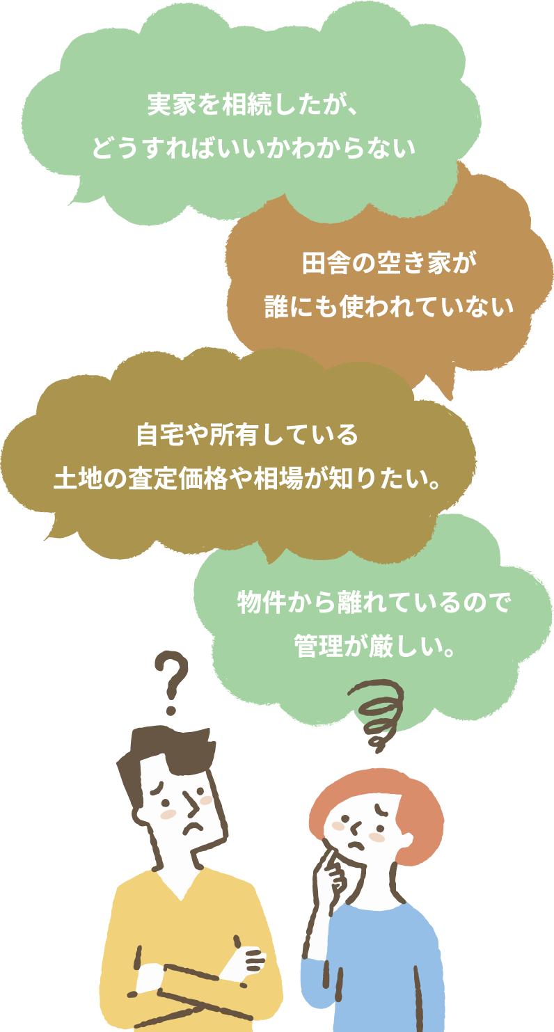 実家を相続したが、どうすればいいかわからない　田舎の空き家が誰にも使われていない　自宅や所有している土地の査定価格や相場が知りたい。　物件から離れているので管理が厳しい。